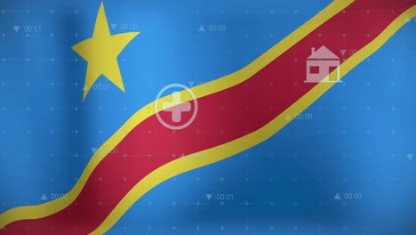 Animation-of-graphs,-data,-energy-icons-and-flag-of-democratic-republic-of-the-congo