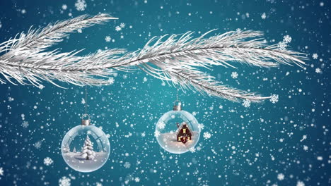 Animation-Von-Schneefall-über-Weihnachtsschneekugeln-In-Einer-Winterlandschaft