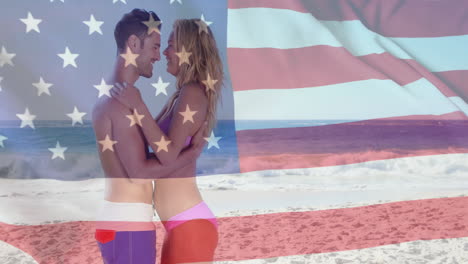 Animation-Der-Flagge-Der-USA-über-Einem-Kaukasischen-Paar-Am-Strand-Im-Sommer