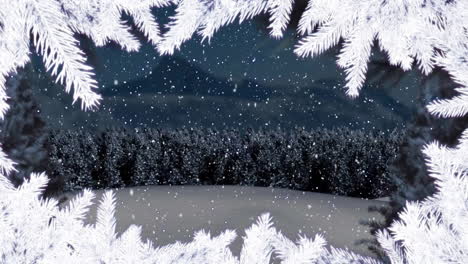 Animation-of-snow-falling-and-tree-branches-over-winter-scenery