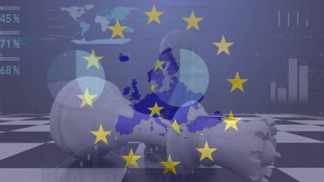 Animación-Del-Procesamiento-De-Datos-Financieros-Y-Bandera-De-La-Unión-Europea-Sobre-Tablero-De-Ajedrez