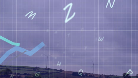 Animation-Der-Verarbeitung-Finanzieller-Daten-Und-Buchstaben-über-Windturbinen-Auf-Dem-Feld