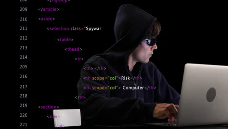 Animation-of-data-processing-over-male-computer-hacker-using-laptop