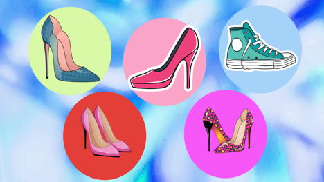 Animation-of-colourful-shoes-and-spots-on-blue-background