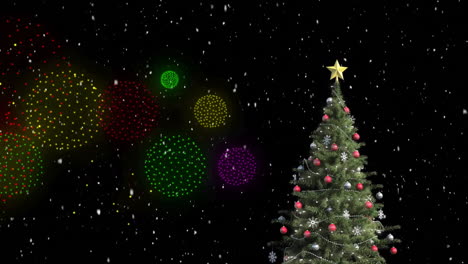 Animation-of-fireworks-over-christmas-tree-in-winter-scenery-background