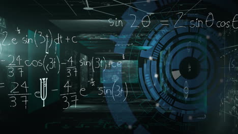 Animation-Von-Mathematischen-Gleichungen-Und-Kreisförmigem-Scanner-über-Schnittstellenbildschirmen-Auf-Dunklem-Hintergrund