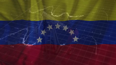 Animation-of-financial-data-processing-over-oil-rig-and-flag-of-venezuela