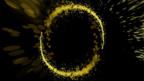 Animation-Von-Gelben-Lichtspuren-Und-Punkten,-Die-Kreise-Auf-Schwarzem-Hintergrund-Bilden