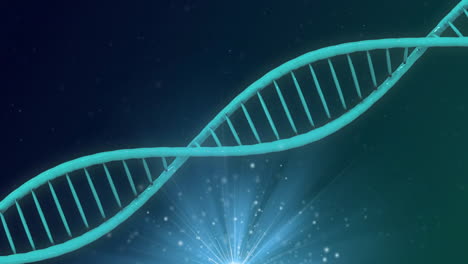 Animation-of-dna-strand-and-glowing-lights-on-blue-background