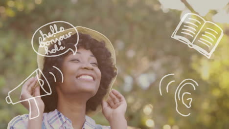 Animation-Von-Schulartikel-Symbolen-über-Einer-Glücklichen-Afroamerikanerin-Mit-Hut