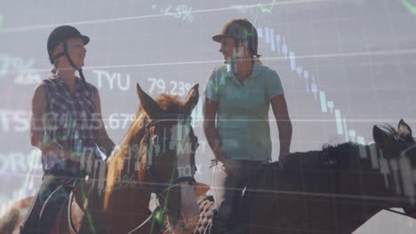 Animation-of-financial-data-processing-over-caucasian-man-and-woman-horse-riding
