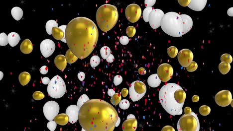 Animation-of-ballons-and-confetti-falling-on-black-background