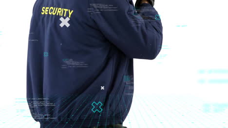 Animation-of-data-processing-and-media-icons-over-caucasian-male-security-guard-using-walkie-talkie