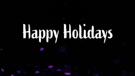 Animation-of-happy-holidays-text-and-confetti-ball-moving-in-brisk-wind-against-black-background