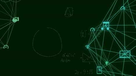 Animation-of-network-of-media-icons-over-mathematical-equations-on-chalkboard