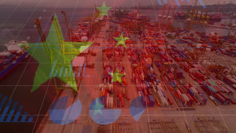 Animation-of-financial-data-processing-and-flag-of-china-over-landscape