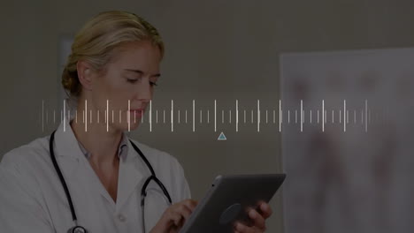 Animation-of-lines-moving-over-caucasian-female-doctor-using-tablet