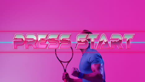 Animation-of-press-start-text,-neon-pattern-african-american-male-tennis-player