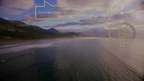 Animation-of-speech-bubble,-ai-in-brain,-digital-pictures-over-aerial-view-of-sea-and-mountains