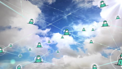 Animation-of-icons-connected-with-lines-over-aerial-view-of-dense-clouds-in-sky