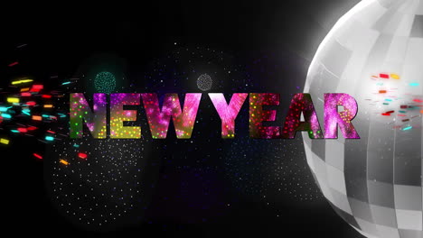 Animation-of-new-year-text-and-mirror-disco-ball-on-black-background
