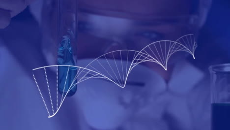 Animation-Eines-DNA-Strangs-über-Einer-Kaukasischen-Wissenschaftlerin-Mit-Reagenzglas