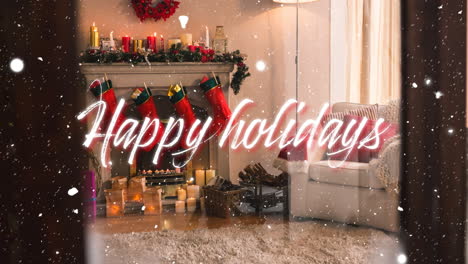 Animation-of-happy-holidays-text-over-snow-falling-with-christmas-decorations