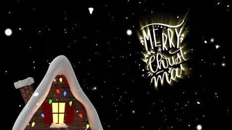 Animation-Von-Fröhlichem-Weihnachtstext-Und-Schnee,-Der-über-Ein-Haus-In-Einer-Winterlandschaft-Fällt