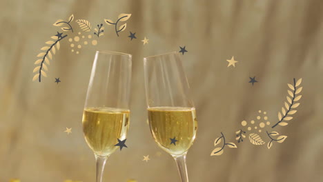 Animation-of-floral-pattern-and-confetti-falling-over-champagne-glasses