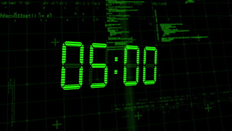 Animation-of-green-digital-clock-timer-changing-over-data-processing-on-black-background