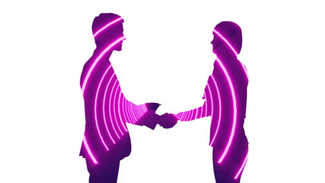 Animation-of-circular-tunnel-over-silhouette-of-man-giving-currency-to-woman-over-white-background