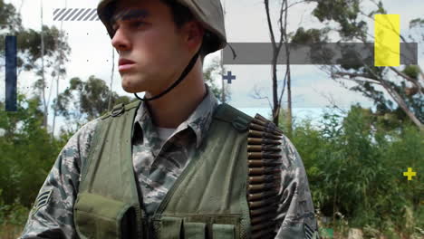 Animation-Von-Formen-über-Einem-Kaukasischen-Männlichen-Soldaten-Mit-Waffe