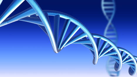 Animation-Von-DNA-Strängen,-Die-Sich-über-Blauem-Hintergrund-Drehen