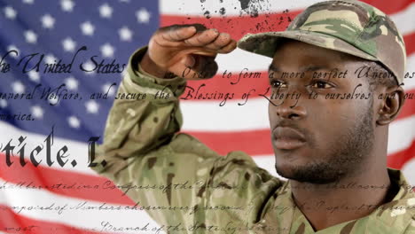 Animation-of-text-of-constitution-over-african-american-male-soldier-saluting