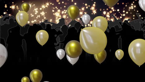 Animation-Von-Goldenen-Und-Silbernen-Luftballons-über-Hellen-Flecken-Im-Hintergrund