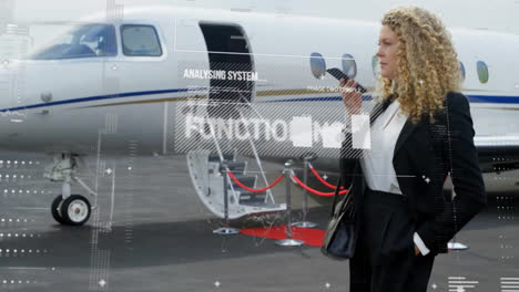 Animation-of-data-processing-over-caucasian-businesswoman-with-smartphone-by-plane