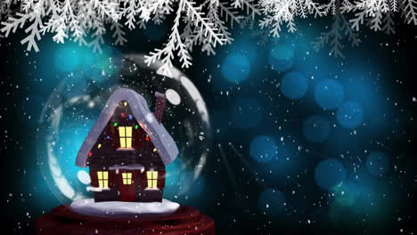 Animación-De-Nieve-Cayendo-Sobre-Un-Globo-De-Nieve-Navideño-Con-Una-Casa-En-Un-Paisaje-Invernal