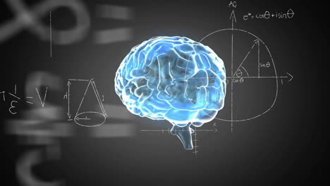Animation-of-mathematical-equations-over-digital-brain-on-black-background