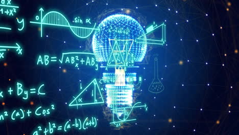 Animation-of-mathematical-equations-and-icons-over-light-bulb-and-networks