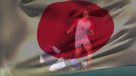 Animation-of-japan-flag-waving,-diverse-soccer-player-falling-after-being-tripped-in-soccer-match