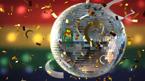 Animation-of-party-streamers-and-mirror-disco-ball-on-rainbow-background