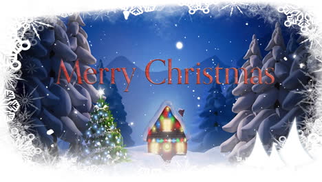 Animation-of-merry-christmas-text-over-winter-scenery-and-house-with-fairy-lights-background