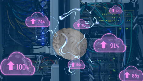 Animation-of-clouds-with-percent,-human-brain-and-data-processing-over-computer-servers