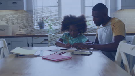 Animation-of-data-processing-over-african-american-father-and-daughter-doing-homework