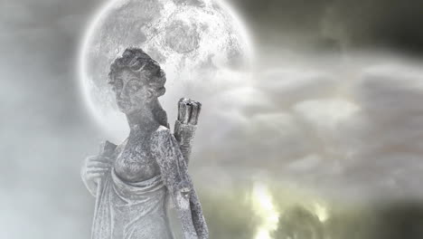 Animation-Einer-Grauen-Frauenskulptur-über-Dunklem-Himmel-Und-Mond,-Kopierraum