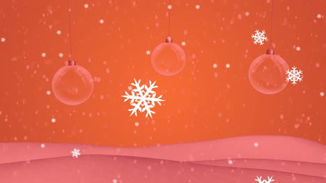 Animation-Von-Schnee,-Der-über-Weihnachtskugeln-In-Einer-Winterlandschaft-Fällt