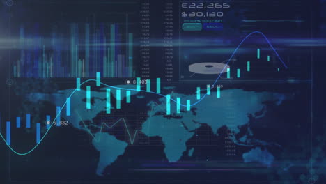 Animation-Der-Finanzdatenverarbeitung-über-Einer-Weltkarte-Auf-Dunklem-Hintergrund