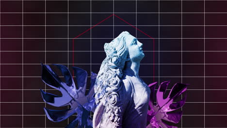 Animation-of-glitched-statue-of-woman-on-leaves-with-grid-pattern-over-black-background