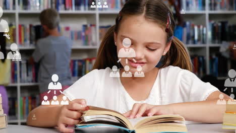 Animation-of-profile-icon-flowchart-over-caucasian-girl-reading-book-in-library-in-school