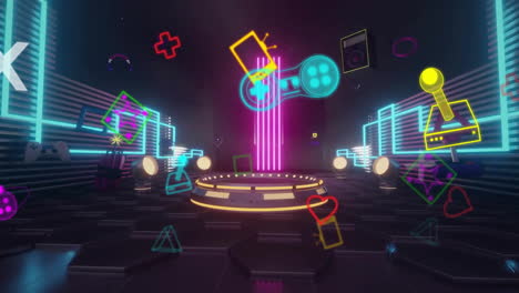 Animation-of-gaming-icons-and-shapes-over-cyber-room